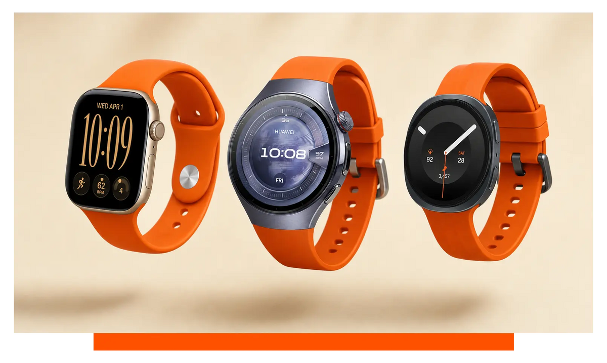 Three smartwatches shown side by side, floating in the studio - Apple Watch Series 12 and Huawei Watch 5 and Samsung Galaxy Watch 9