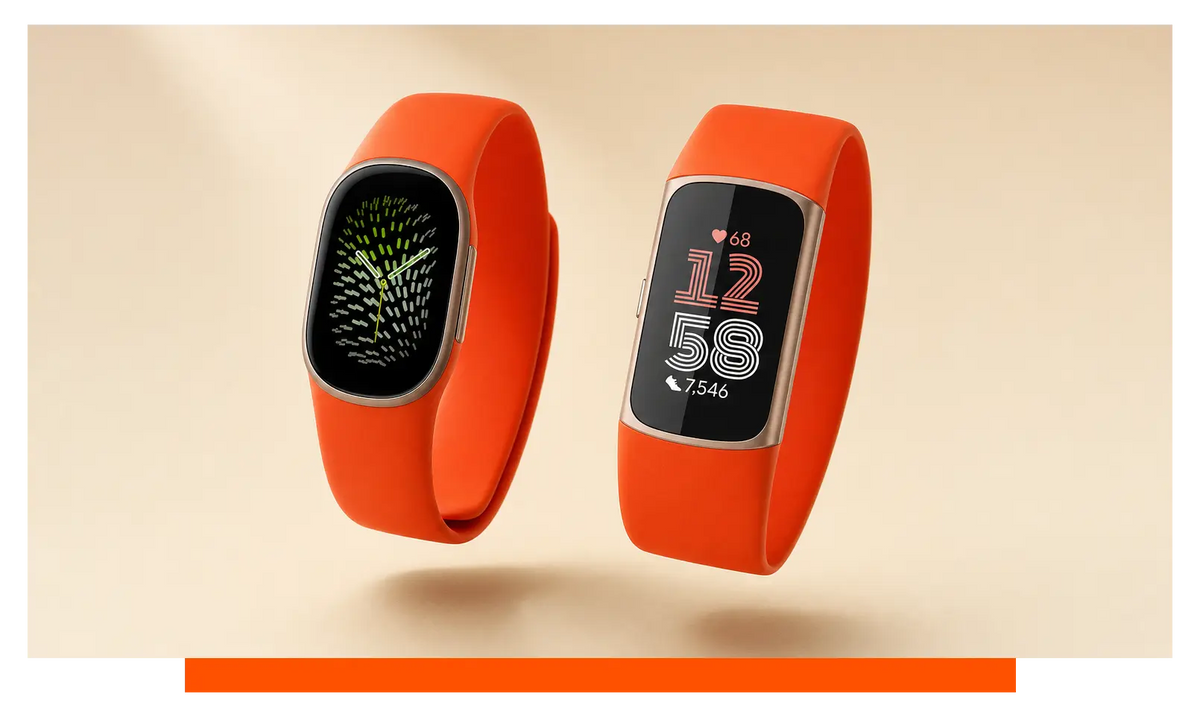 Two smartwatches shown side by side, floating in the studio - Fitbit Edge and Fitbit Charge 6
