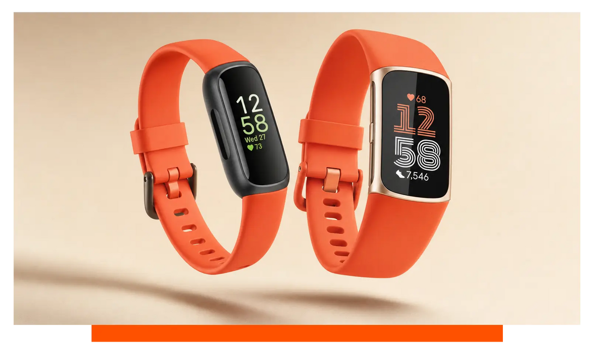 Two smartwatches shown side by side, floating in the studio - Fitbit Inspire 3 and Fitbit Charge 6