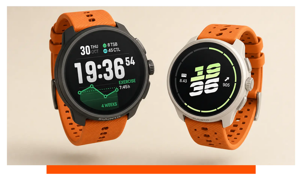 Two smartwatches shown side by side, floating in the studio - Suunto Race 2 and Suunto Race 3s