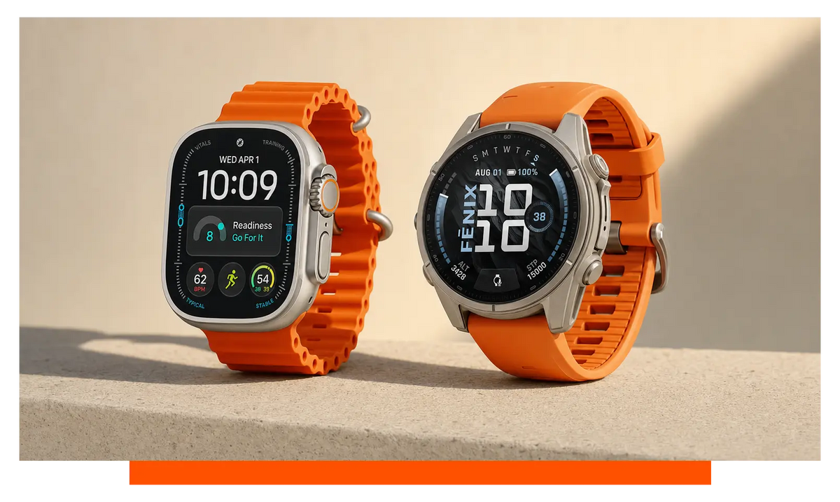 Two smartwatches shown side by side, on a concrete ledge - Apple Watch Ultra 4 and Garmin Fenix 9