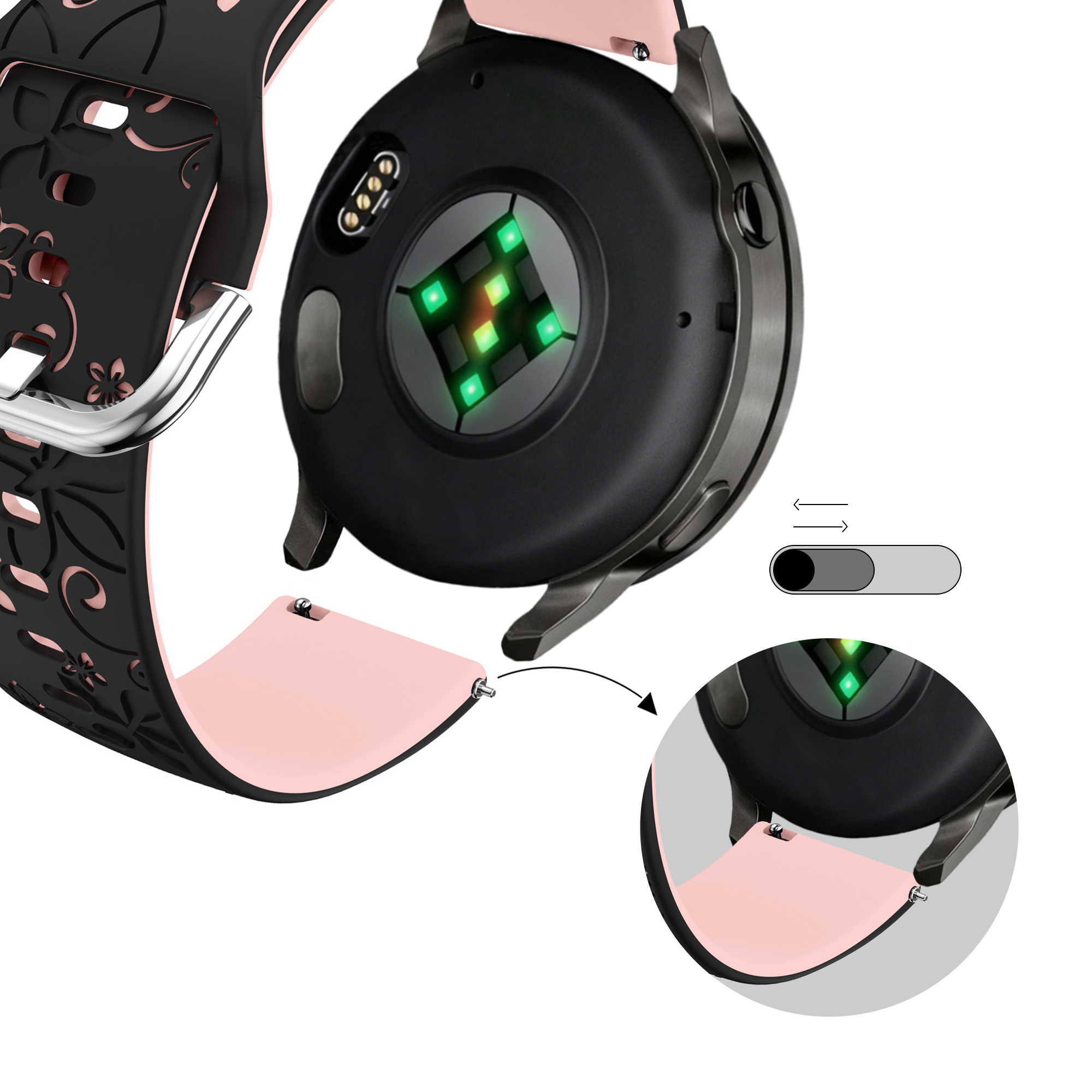 Bandz Garmin Vivoactive 3 Silicone Strap 'Flowers' (Black/Light Pink)