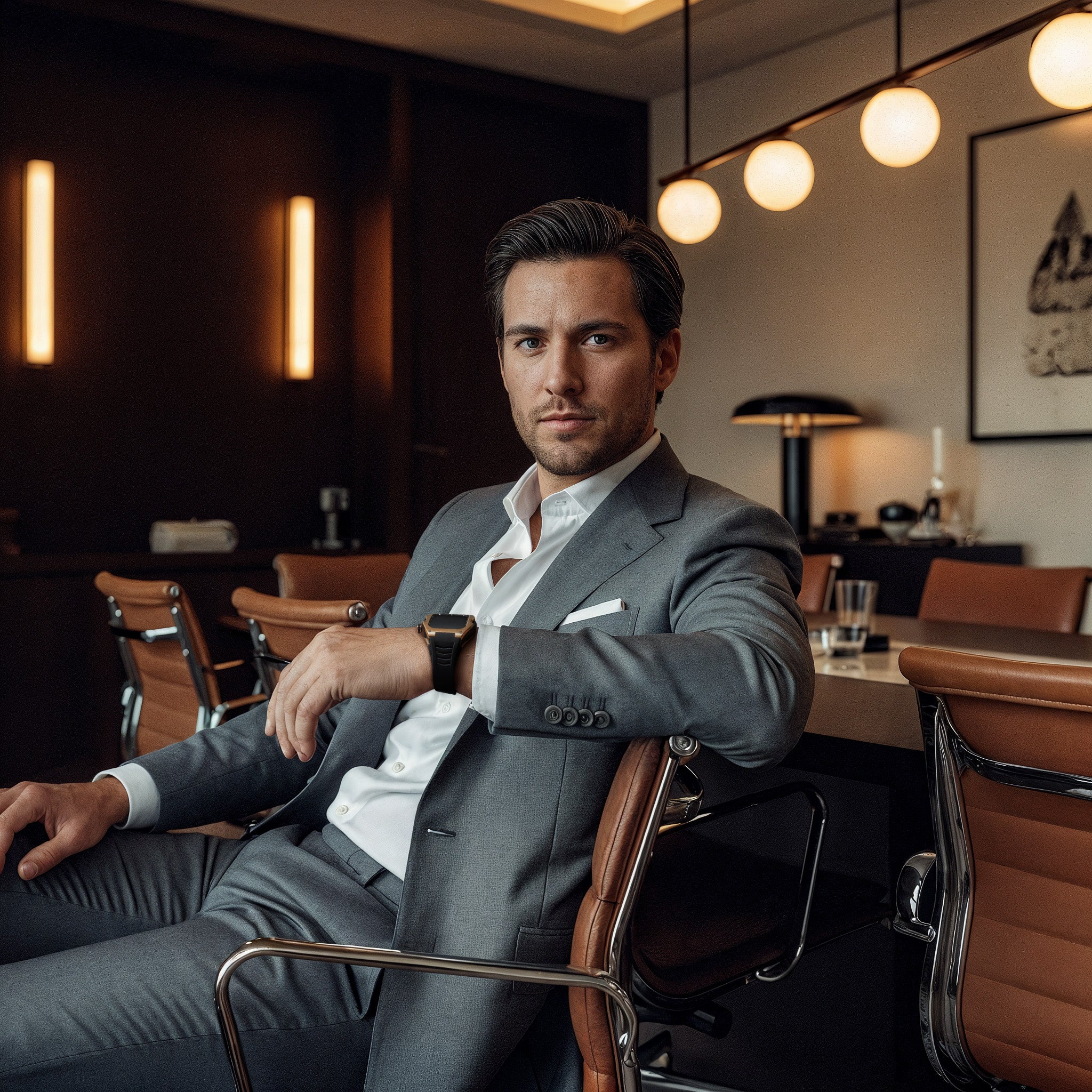 Reqior Apple Watch 45mm Metal Case with Leather Strap (Rose Gold/Black)