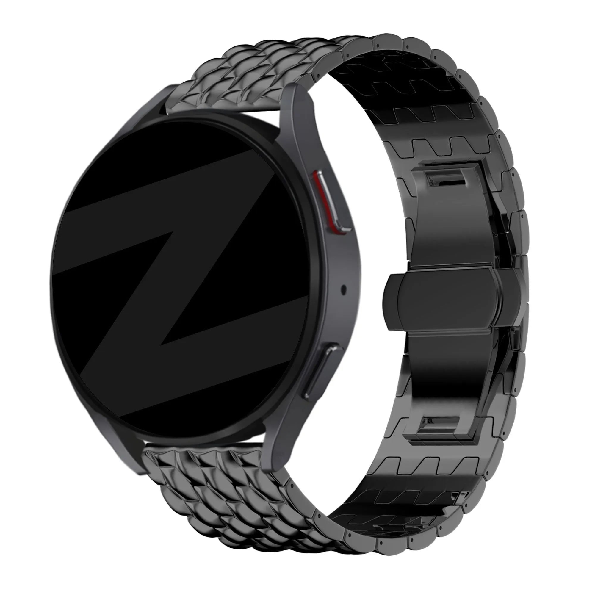 Steel Strap 'Dragon', black, on a watch, 3/4 front view