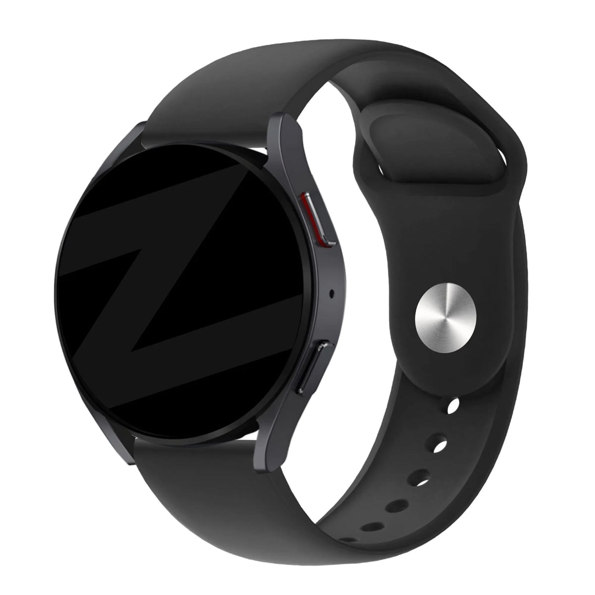 Silicone Sport Strap 'Deluxe', black, on a watch, 3/4 front view