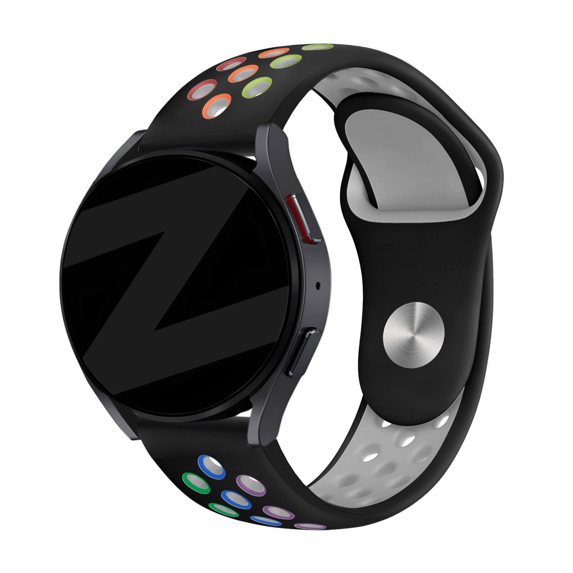 Silicone Sport Strap 'Deluxe', black/colourful, on a watch, 3/4 front view