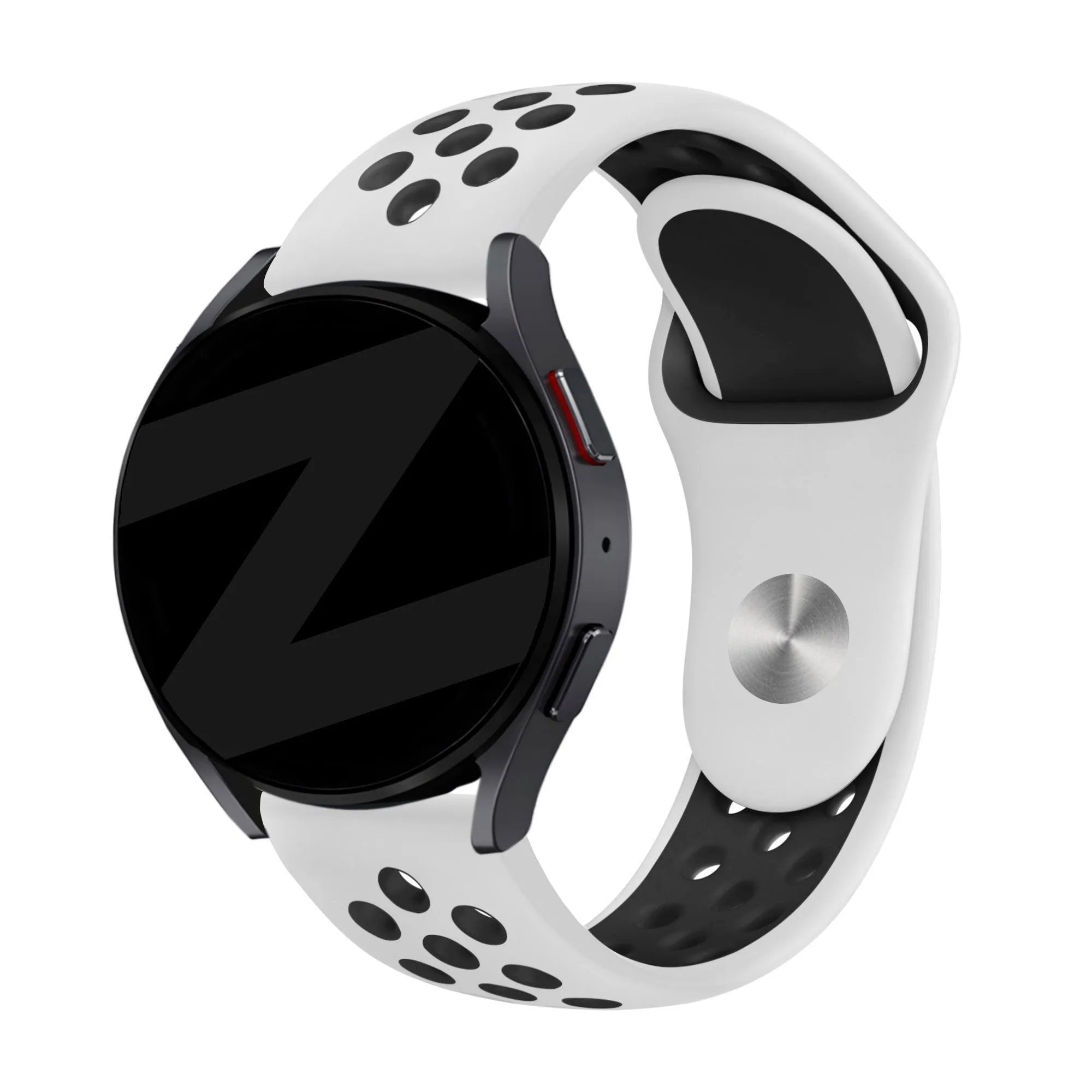 Silicone Sport Strap 'Deluxe', white/black, on a watch, 3/4 front view