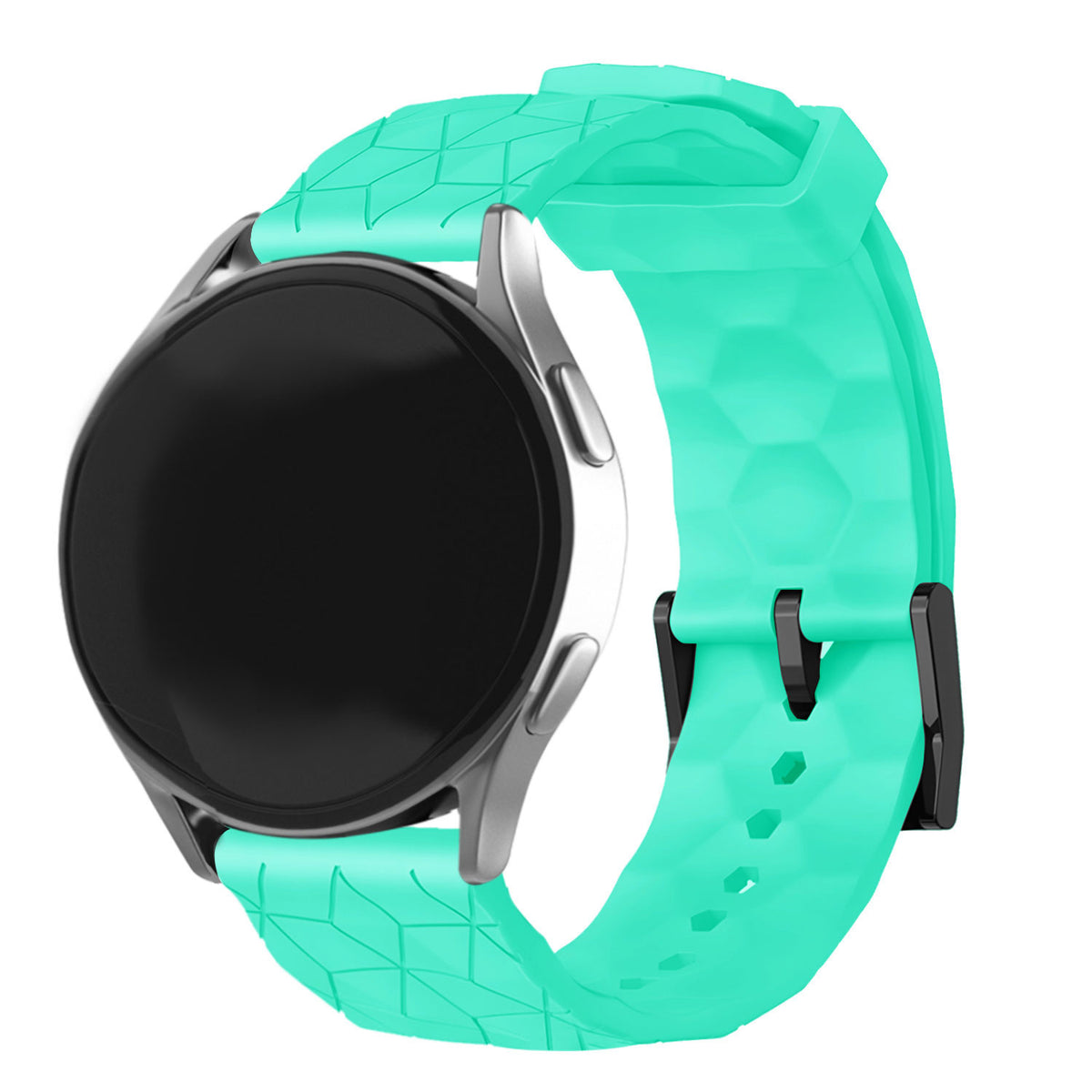 Silicone Strap Hexagons, aqua, on a watch, 3/4 front view