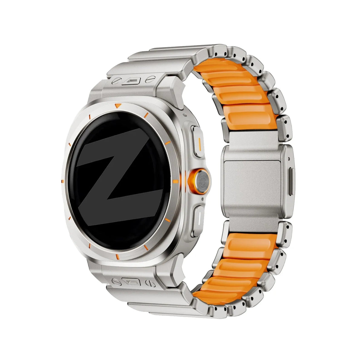 Titanium Strap 'Hybrid', titanium/orange, on a watch, 3/4 front view