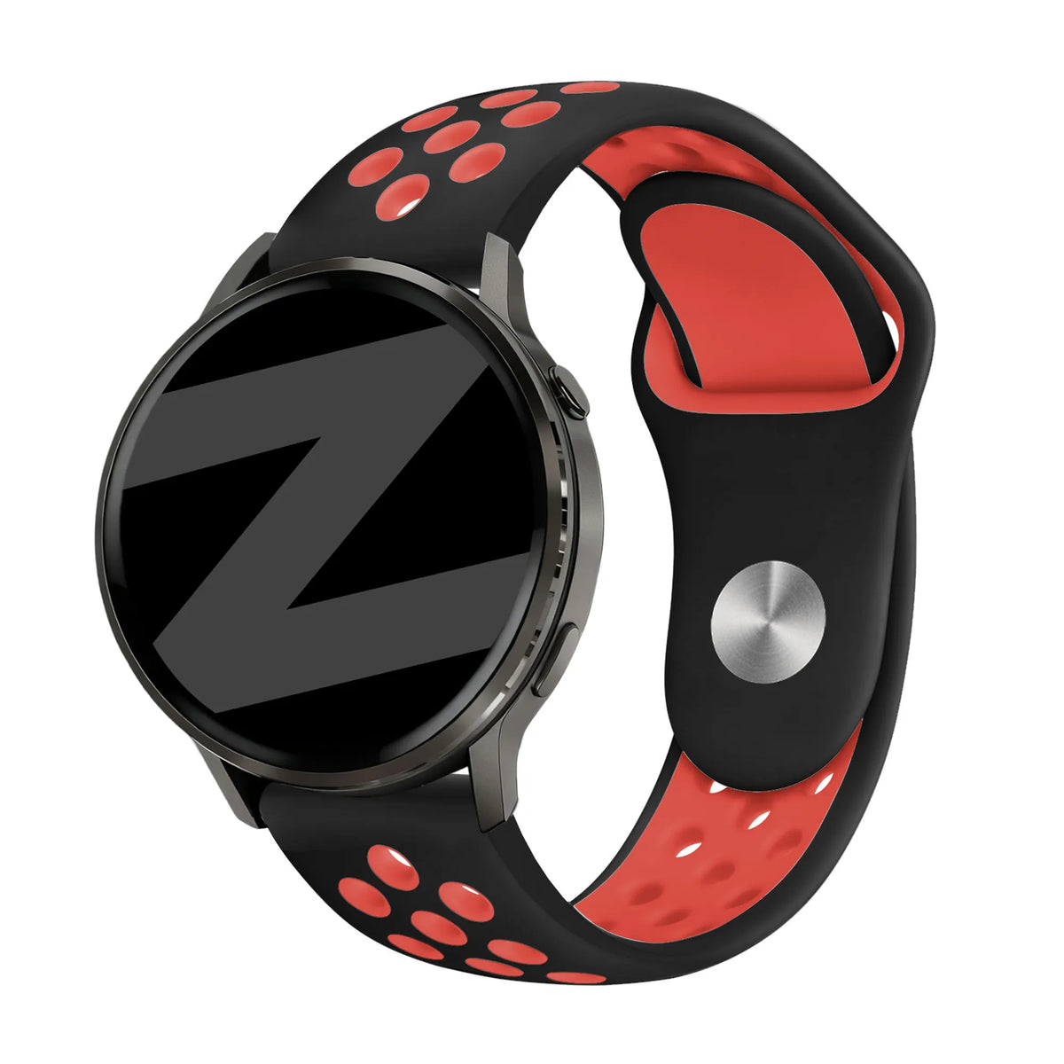 Silicone Sport Strap 'Deluxe', black/red, on a watch, 3/4 front view