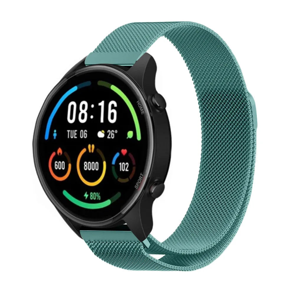 Milanese Strap, green, on a watch, 3/4 front view