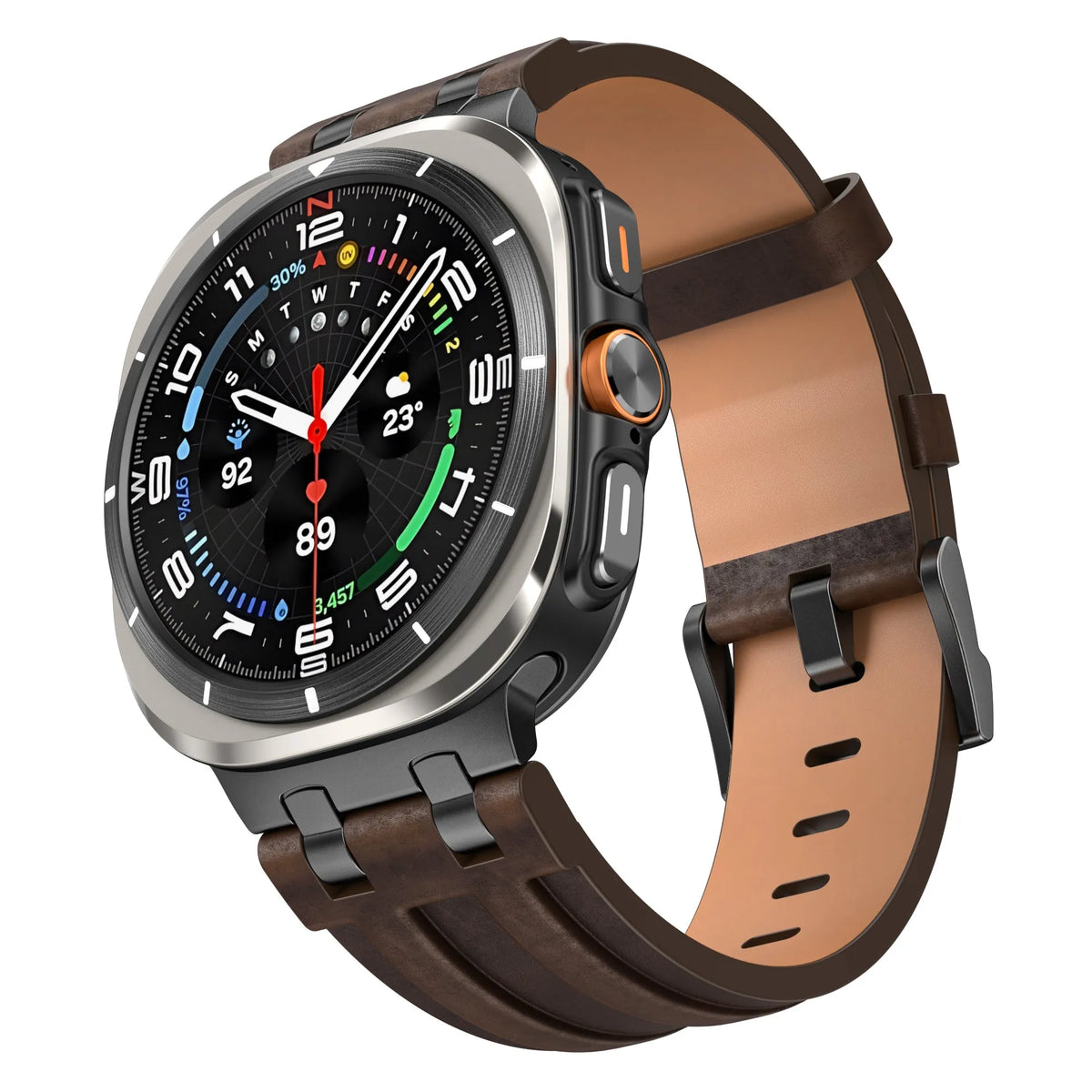 Solid Leather Strap, coffee, on a watch, 3/4 front view