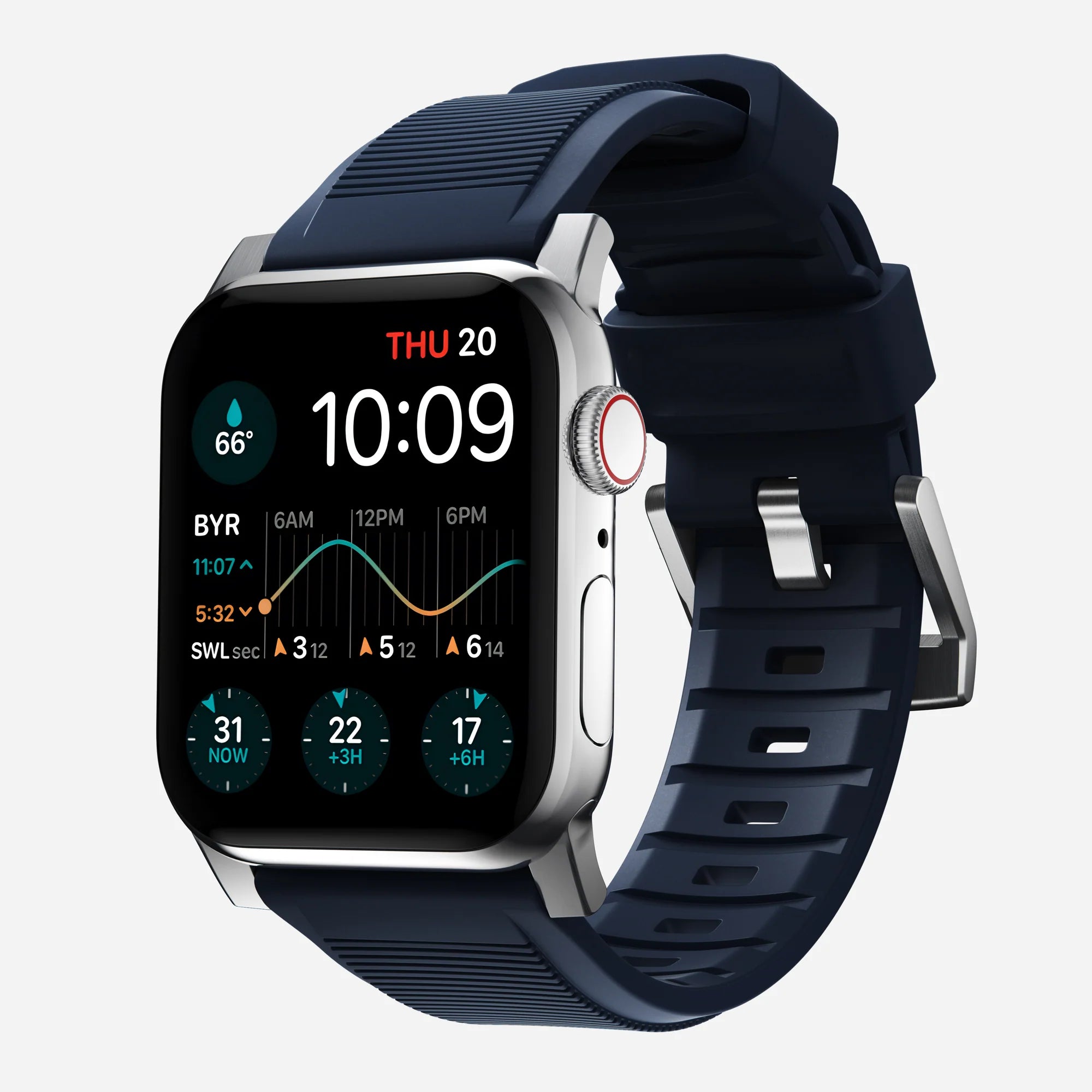 Nomad Rugged Apple Watch Silikonarmband Silber/Atlantikblau)