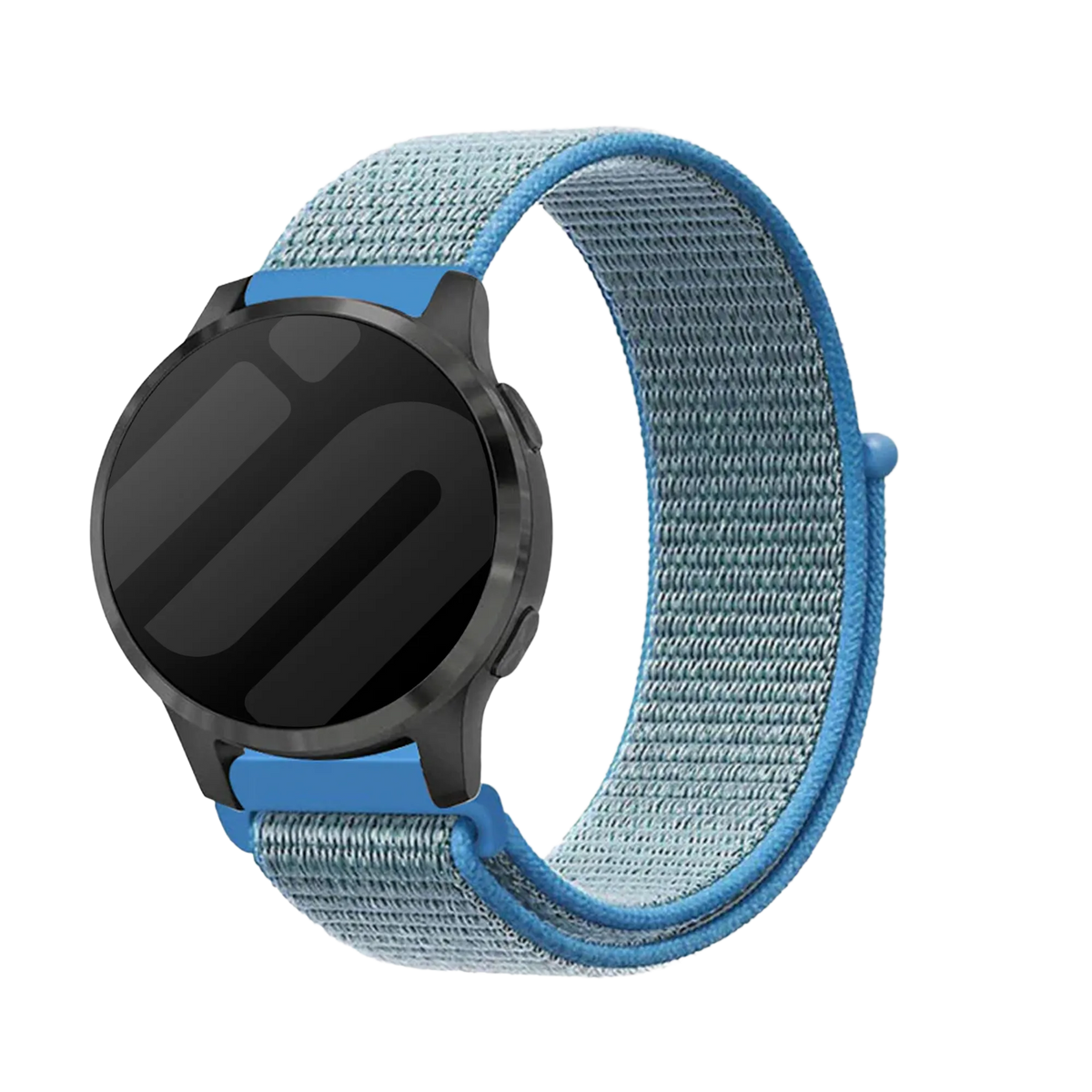 Nylon Strap, blue, on a watch, 3/4 front view