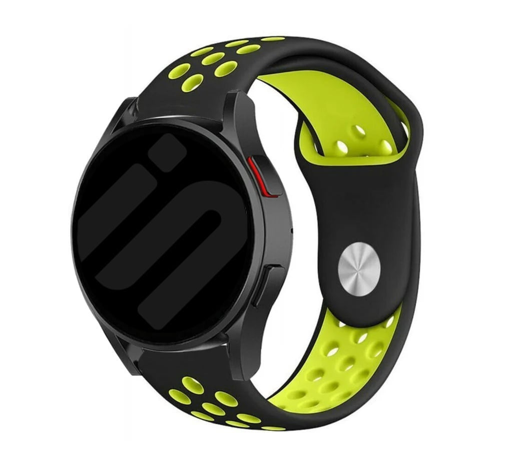 Silicone Sport Strap, black/yellow, on a watch, 3/4 front view