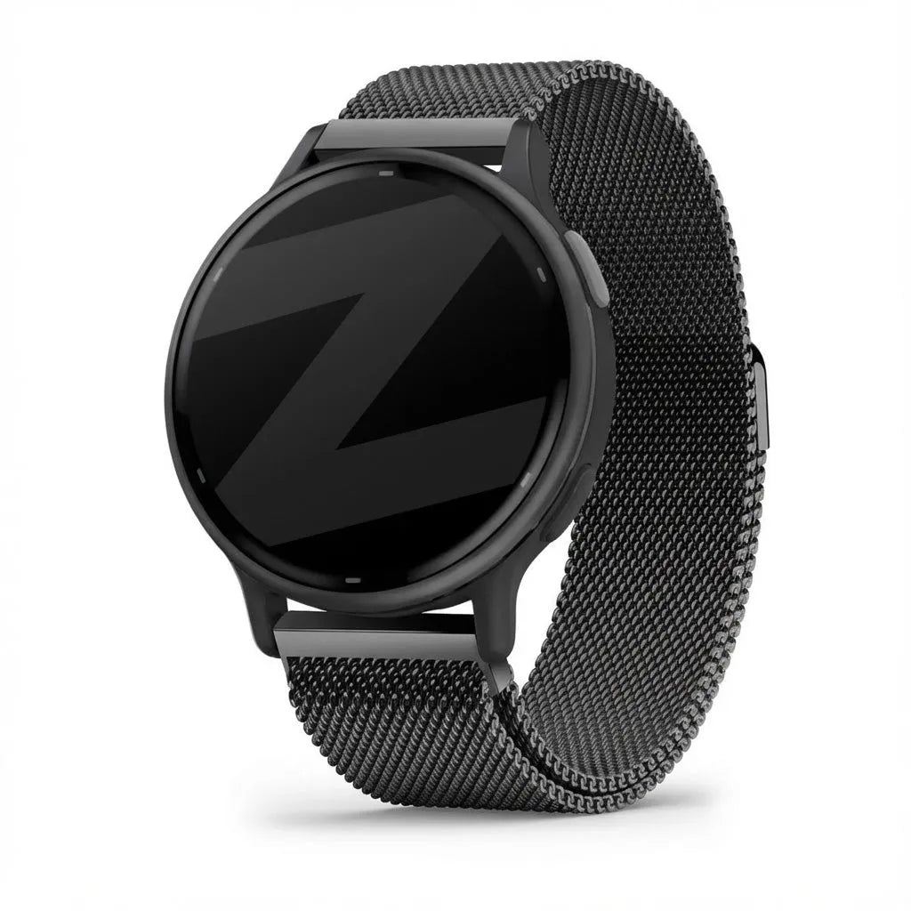 Milanese Loop Strap, black, on a watch, 3/4 front view