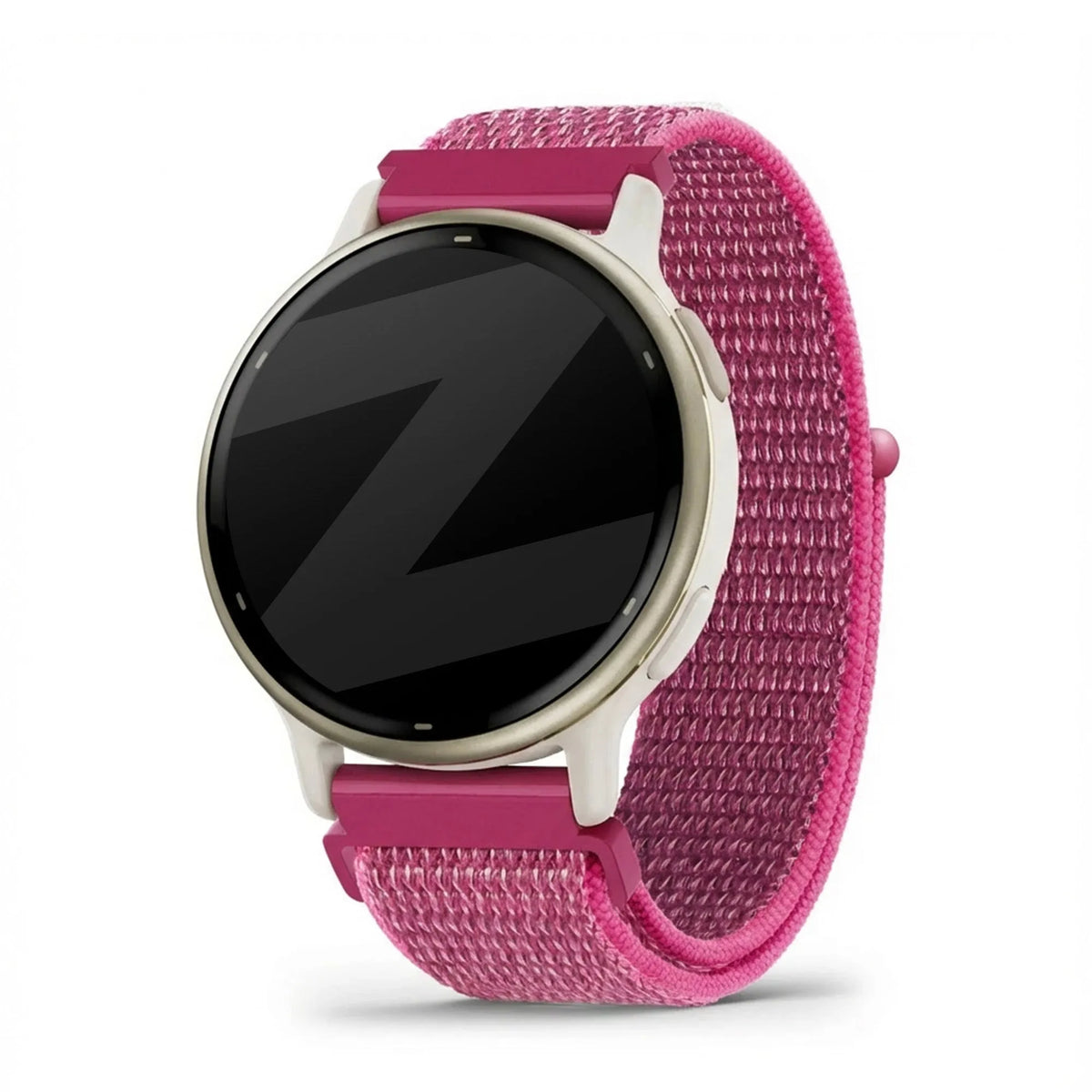 Nylon Loop Strap, dragonfruit, on a watch, 3/4 front view