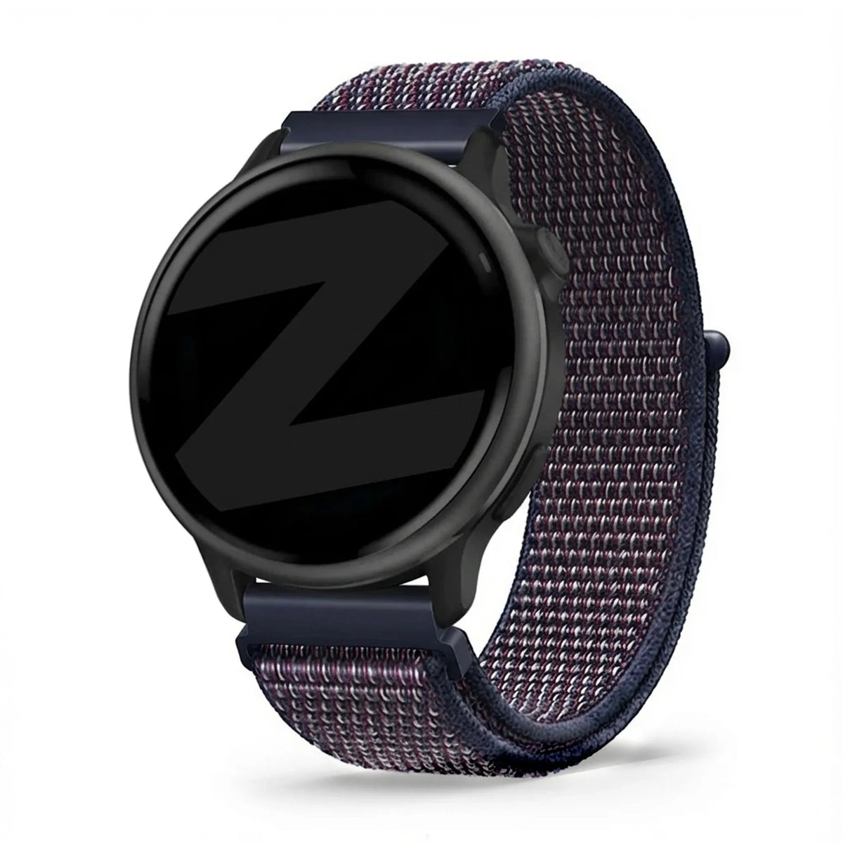 Nylon Loop Strap, indigo, on a watch, 3/4 front view