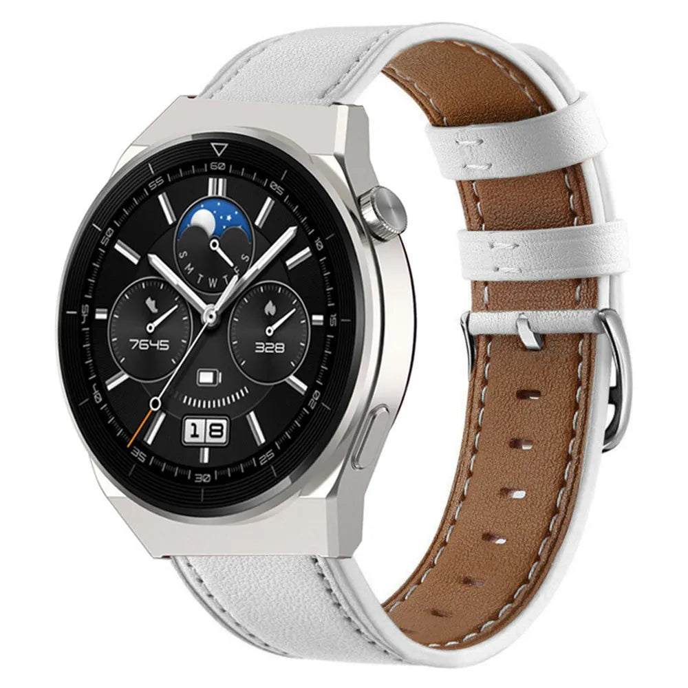 Modern Leather Strap, white, on a watch, 3/4 front view