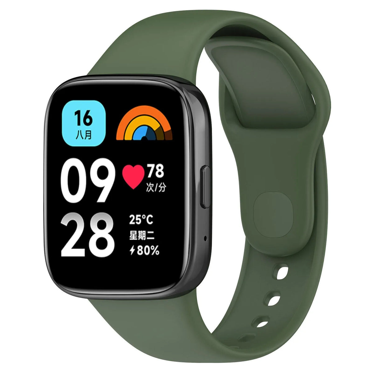 Silicone Strap, dark green, on a watch, 3/4 front view