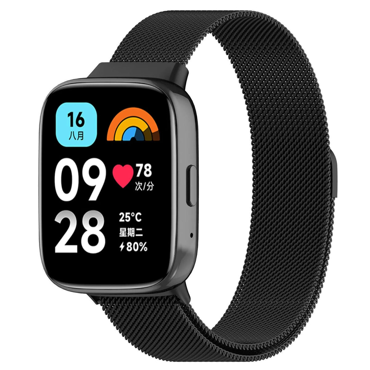 Milanese Strap, black, on a watch, 3/4 front view
