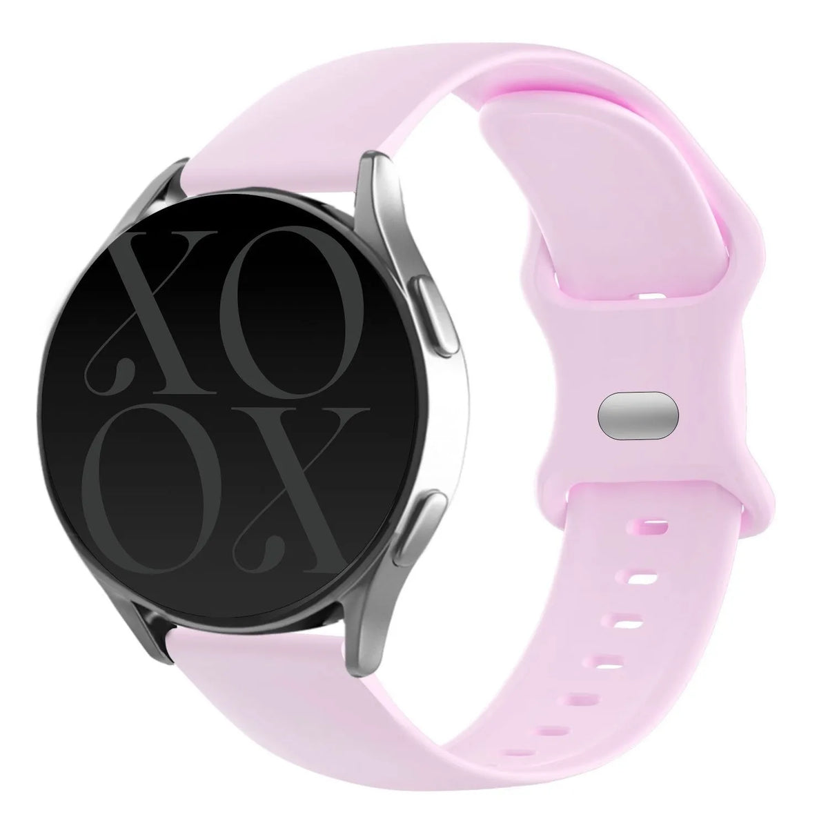 Silicone Strap, bright pink, on a watch, 3/4 front view