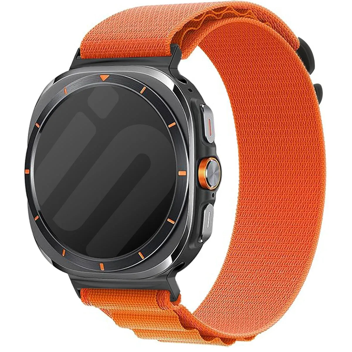Alpine Nylon Strap, orange, on a watch, 3/4 front view