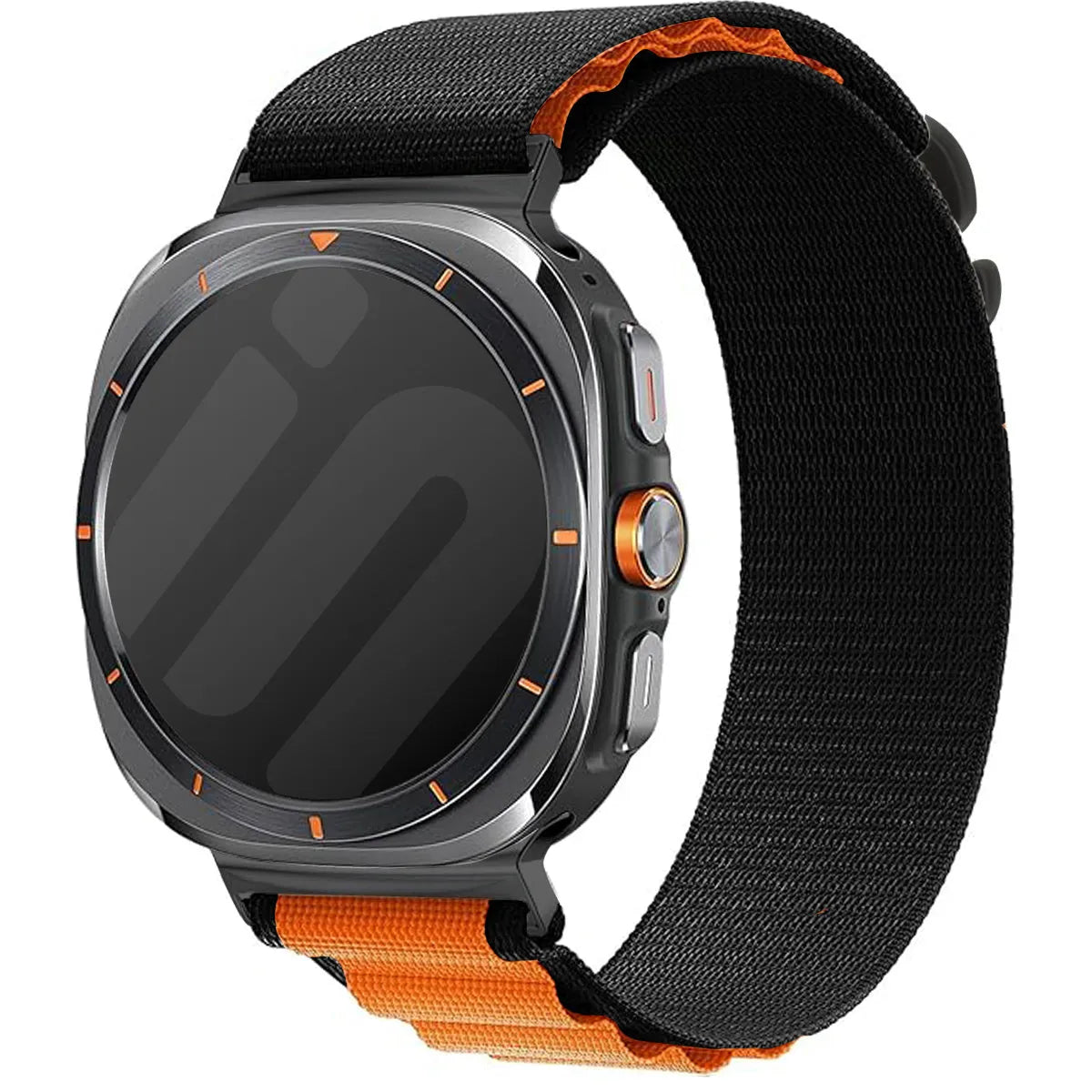 Alpine Nylon Strap, black/orange, on a watch, 3/4 front view