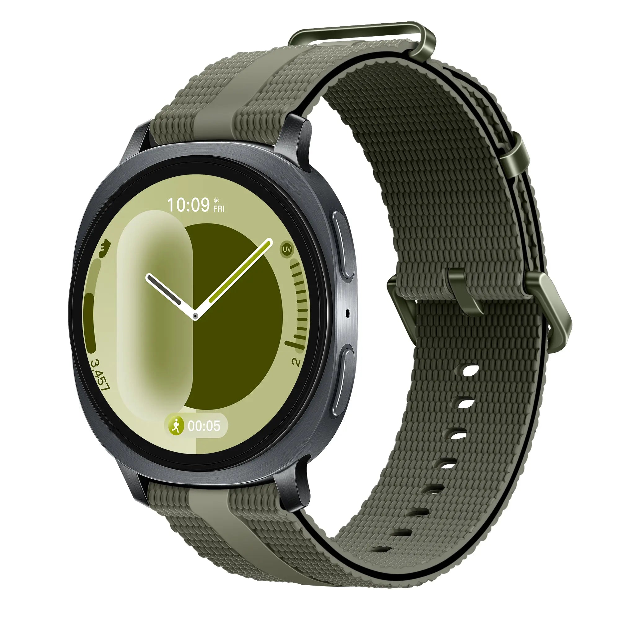 Silicone Active Strap, army green, on a watch, 3/4 front view