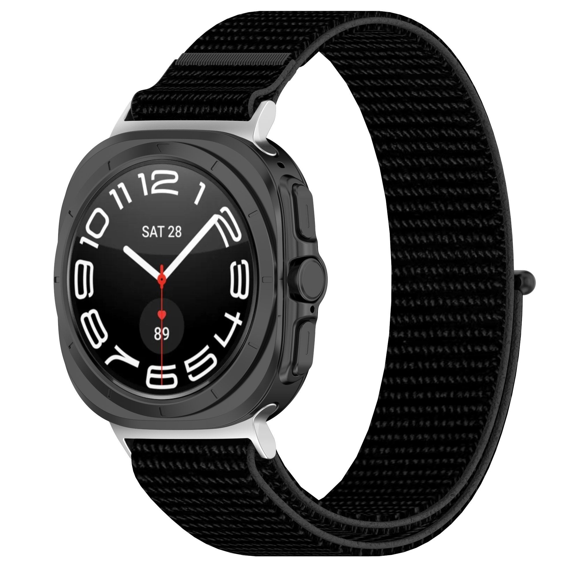 Nylon Strap, black, on a watch, 3/4 front view