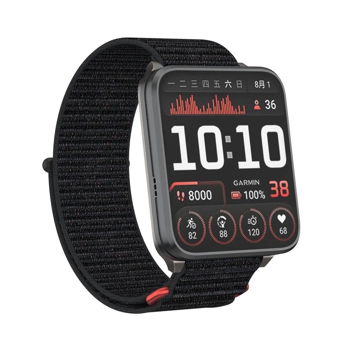 Nylon Strap, black, on a watch, 3/4 front view