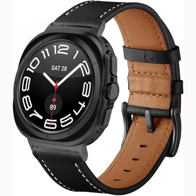 Leather Strap, black, on a watch, 3/4 front view