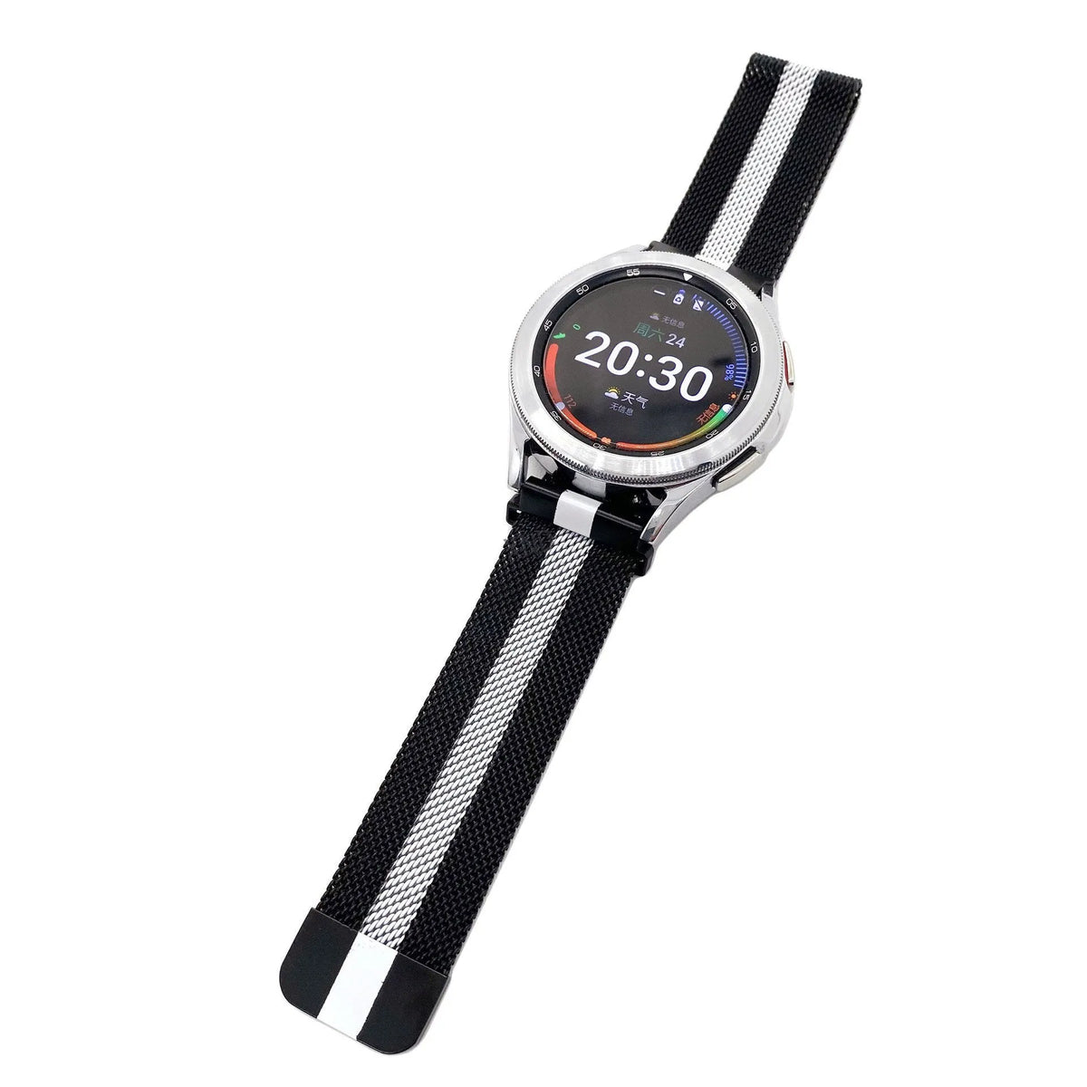 Milanese Strap, black/white, on a watch, 3/4 front view
