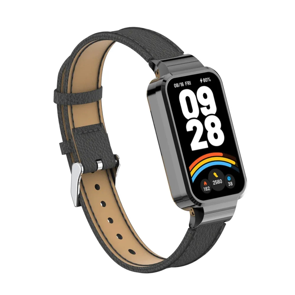 Leather Strap, black, on a watch, 3/4 front view