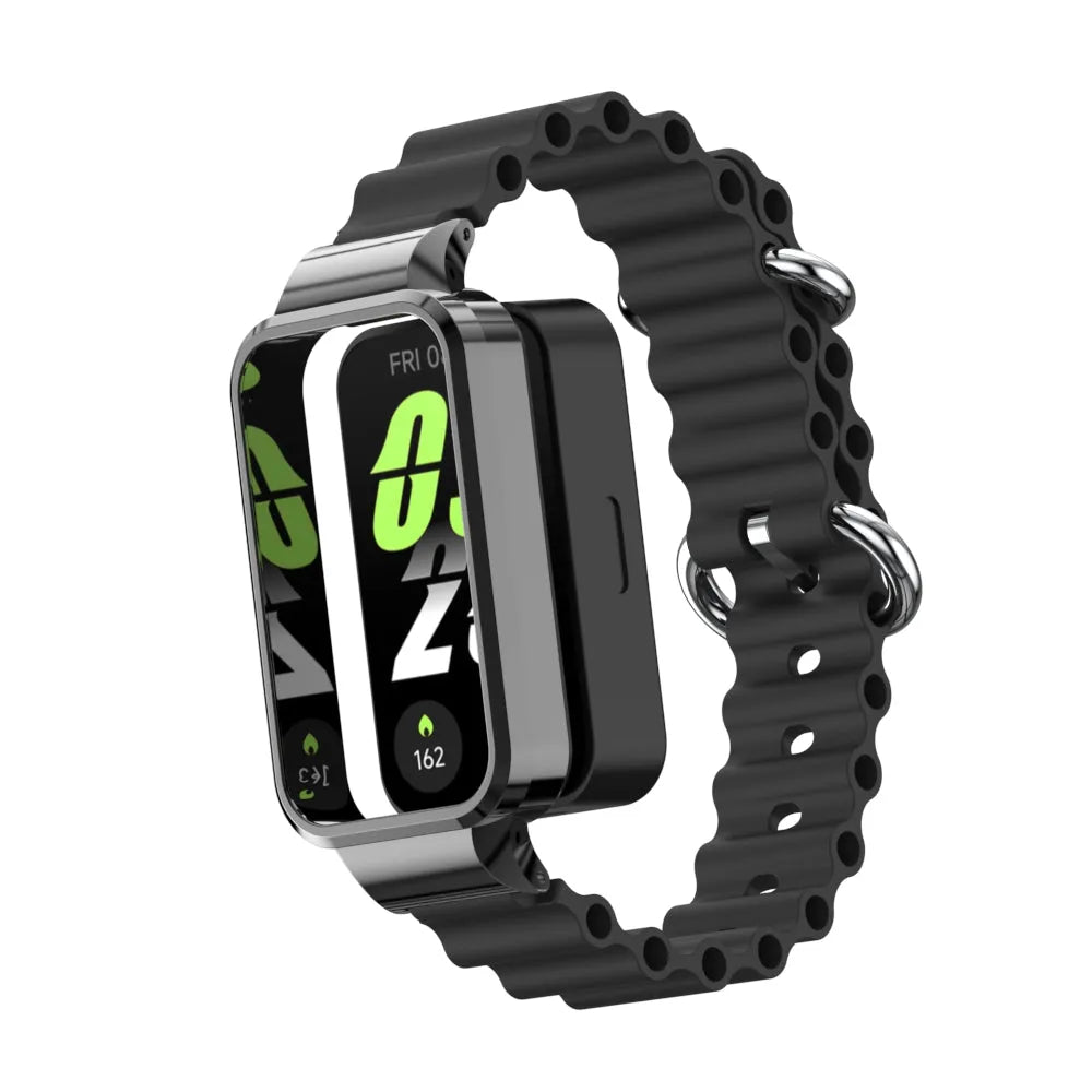 Silicone Ocean Strap, black, on a watch, 3/4 front view