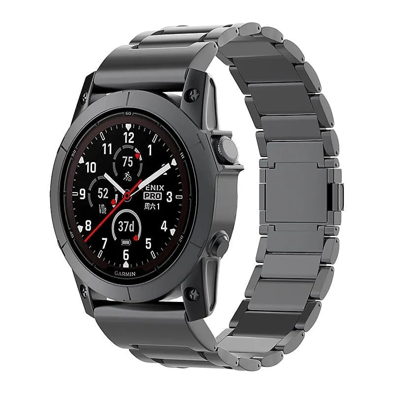 Magnetic Titanium Strap, black, on a watch, 3/4 front view