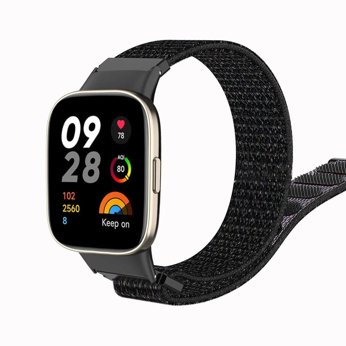 Nylon Strap, black, on a watch, 3/4 front view
