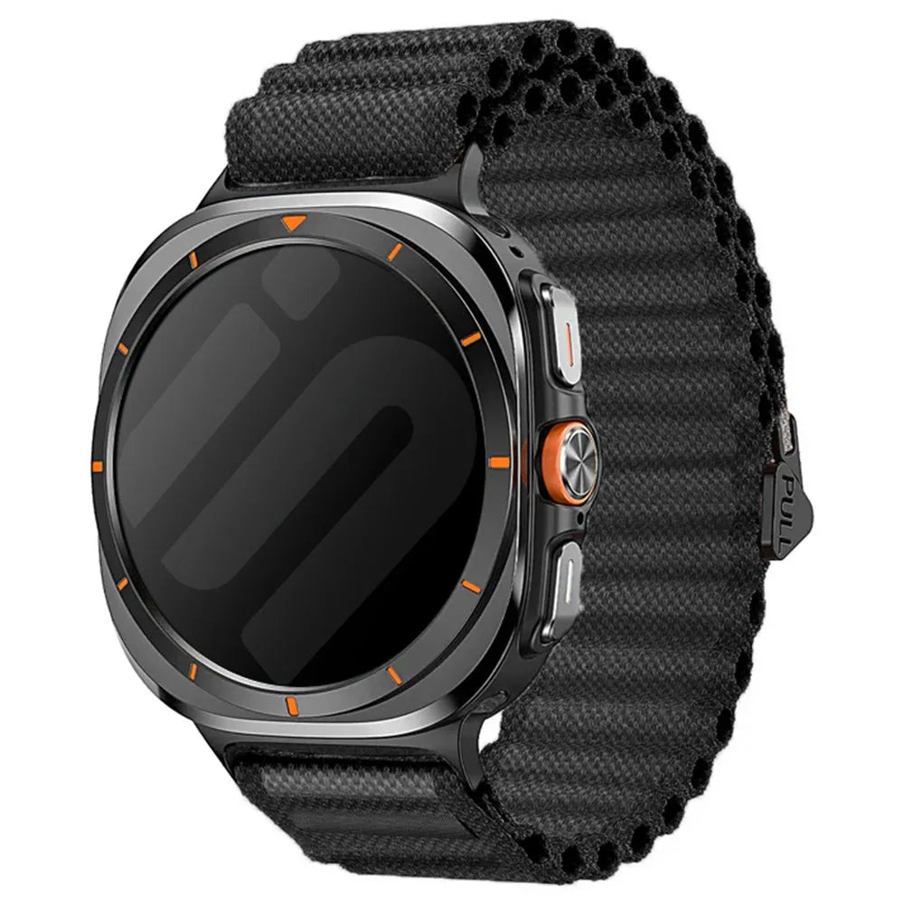 Outdoor Nylon Strap, black, on a watch, 3/4 front view