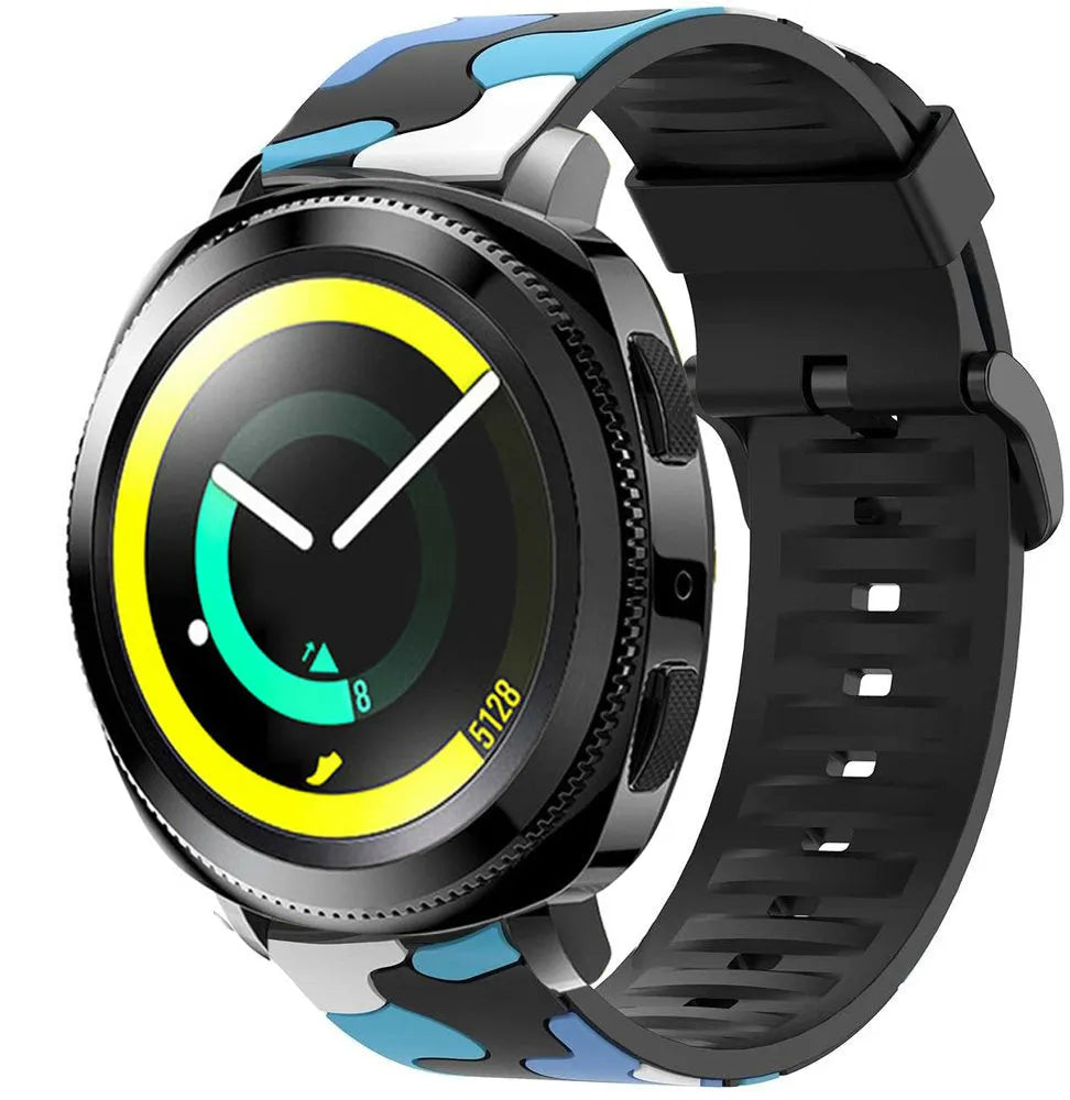 Silicone Camo Strap, blue, on a watch, 3/4 front view