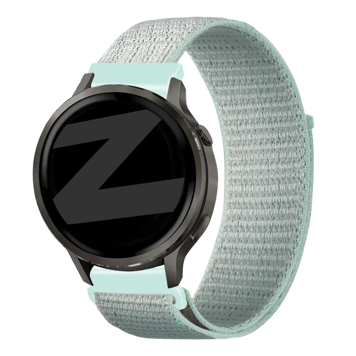 Nylon Loop Strap, light cyan, on a watch, 3/4 front view