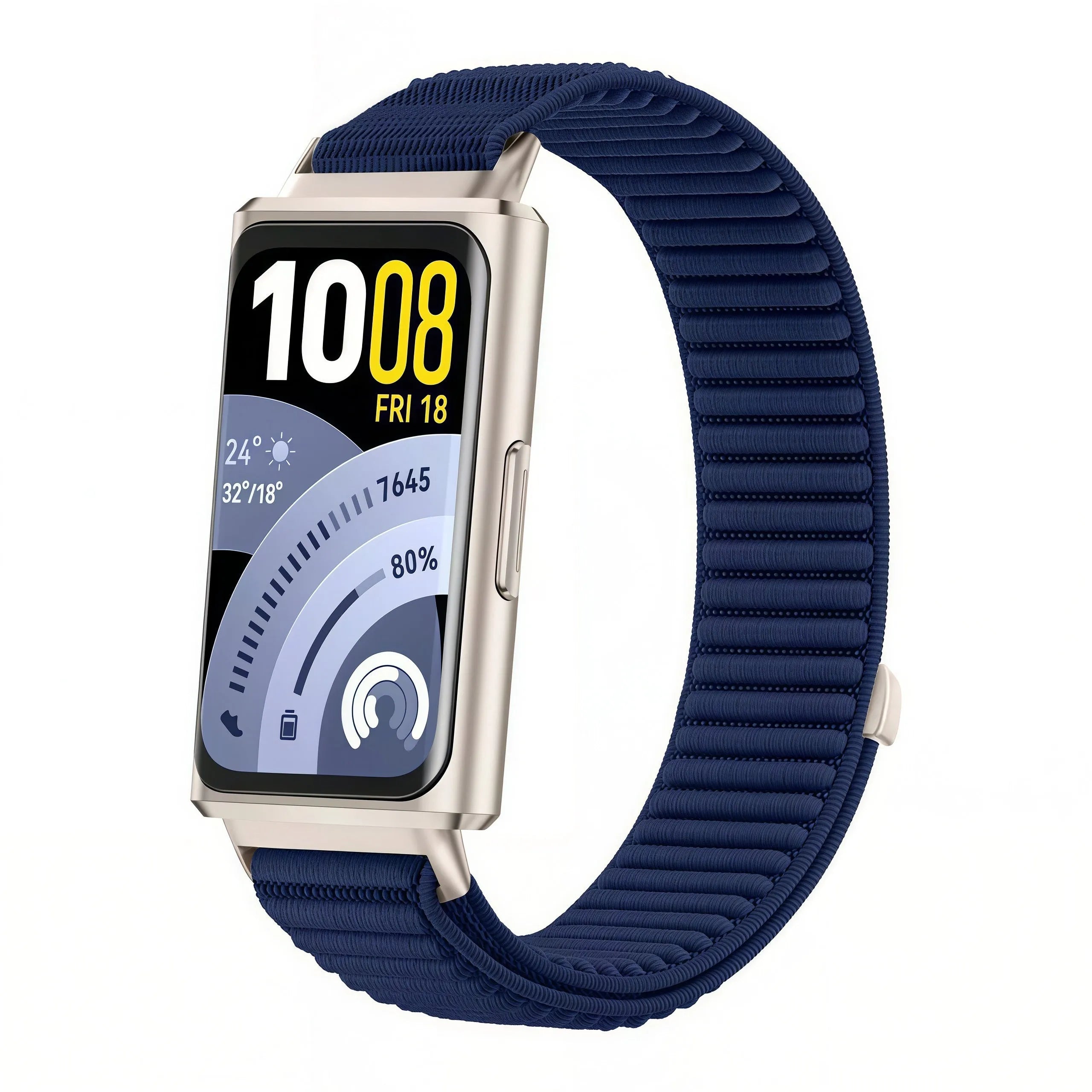 Wave Nylon Strap, dark blue, on a watch, 3/4 front view