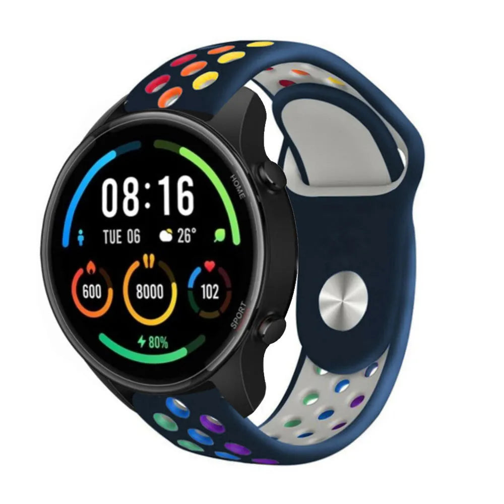 Silicone Sport Strap, dark blue/colourful, on a watch, 3/4 front view