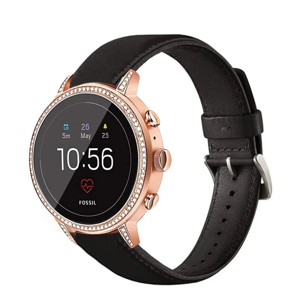 Leather Strap, black, on a watch, 3/4 front view