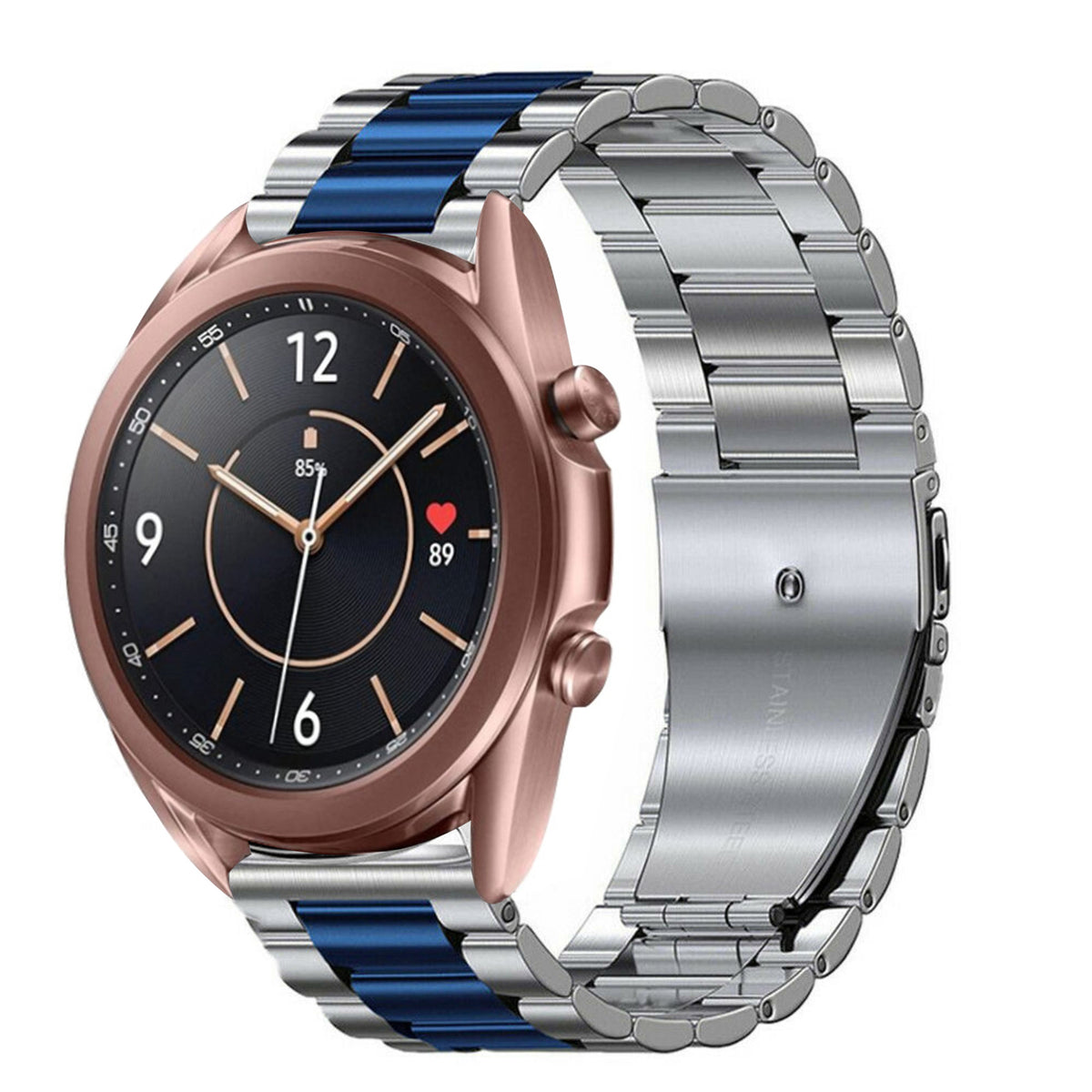 Steel Strap, silver/blue, on a watch, 3/4 front view