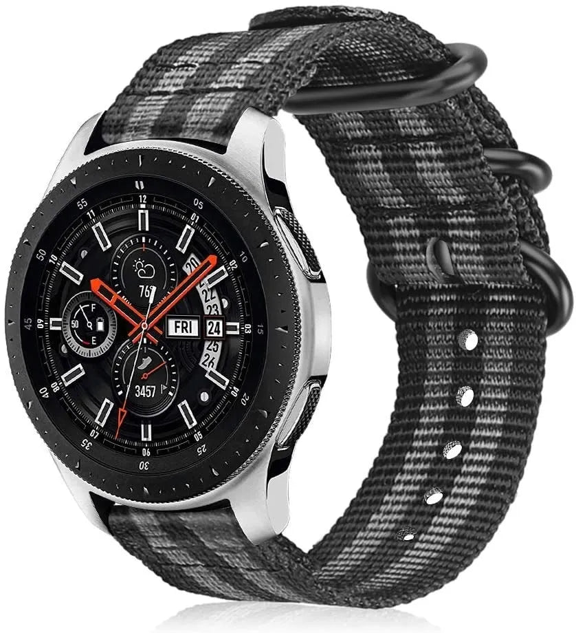 Nylon Buckle Strap, black/grey, on a watch, 3/4 front view