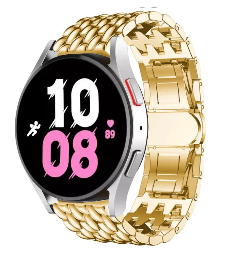 Steel Dragon Strap, gold, on a watch, 3/4 front view