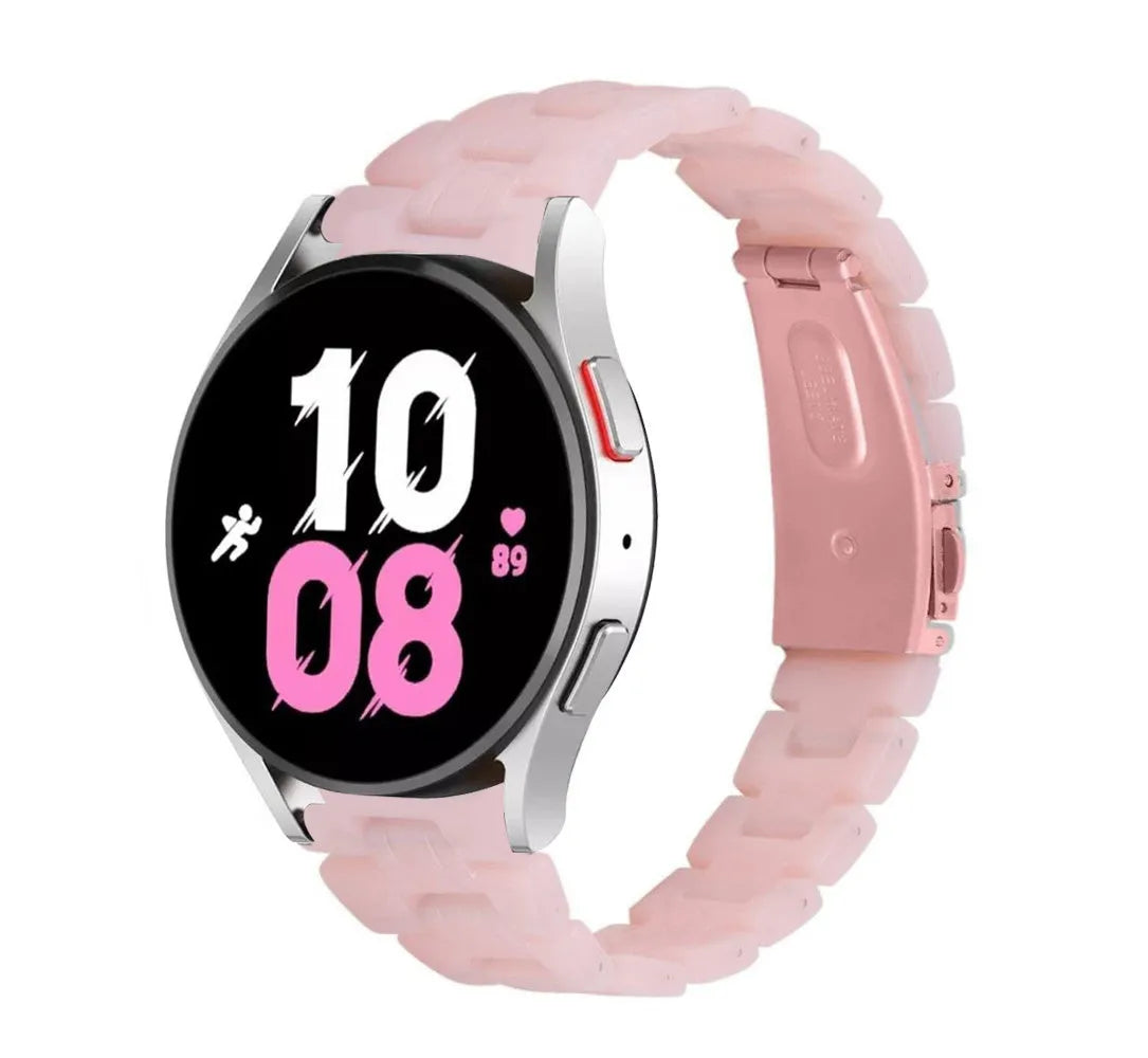 Metal Resin Strap, pink, on a watch, 3/4 front view