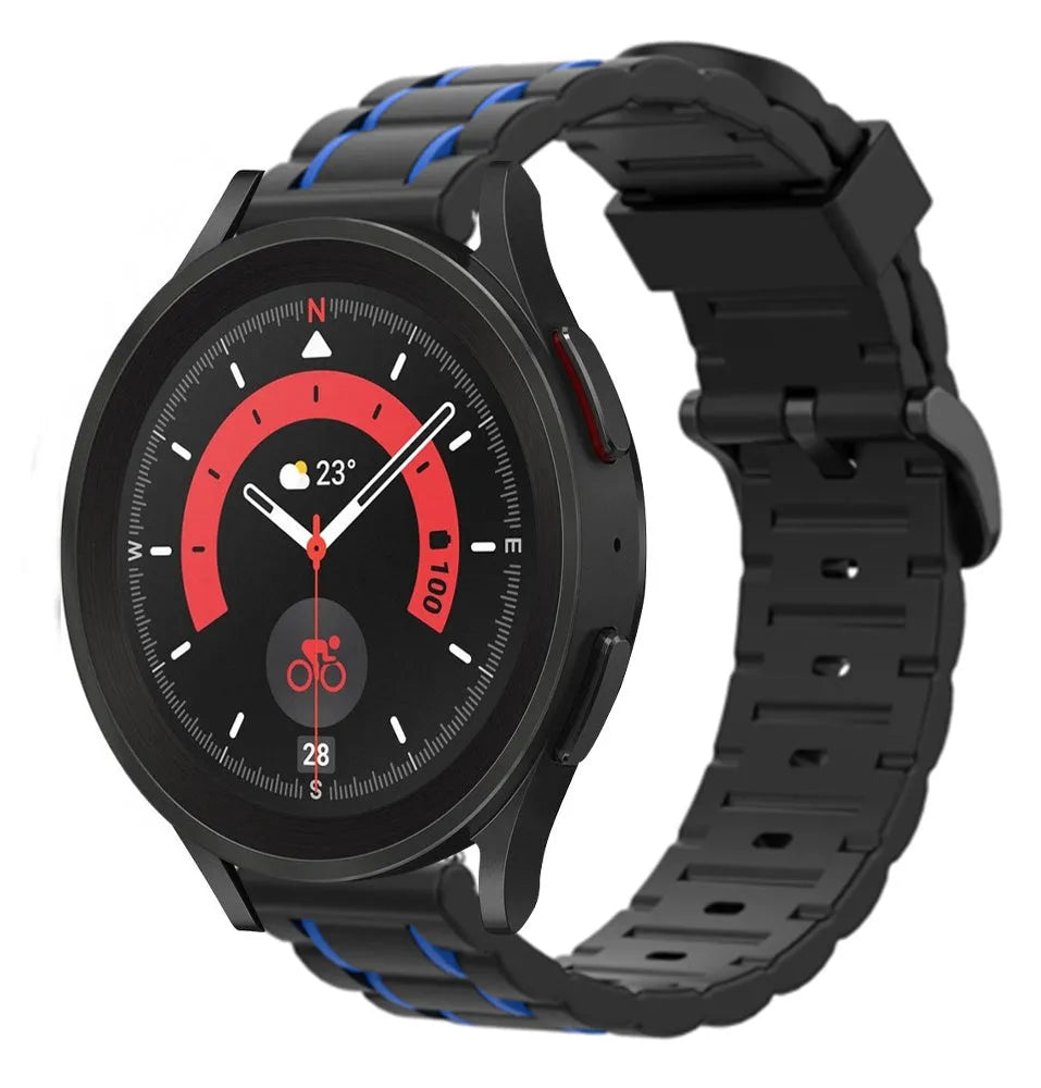 Silicone Strap 'Tough', black/blue, on a watch, 3/4 front view