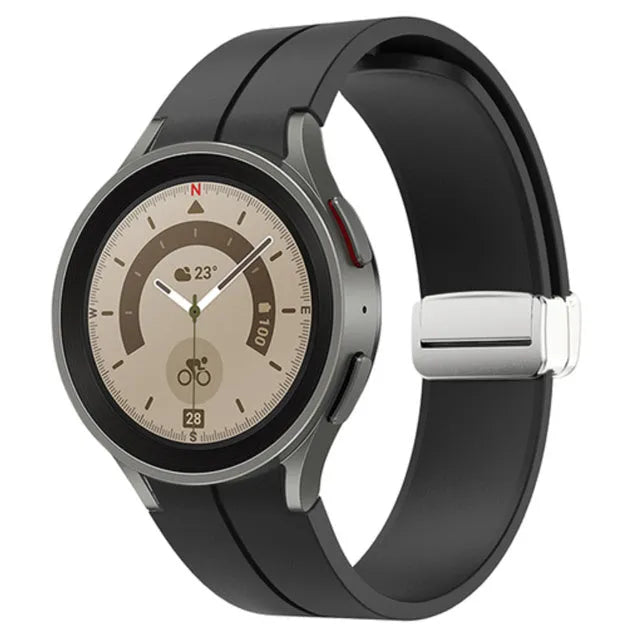 Silicone Magnetic Sport Strap, black, on a watch, 3/4 front view