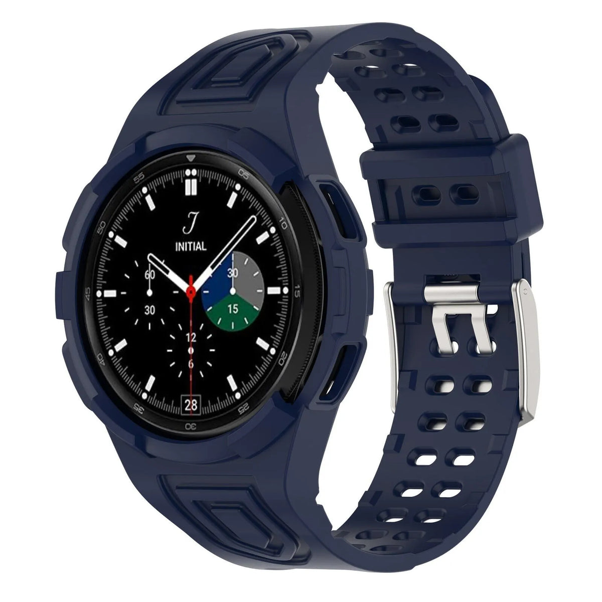 Silicone Strap with Frame, dark blue, on a watch, 3/4 front view